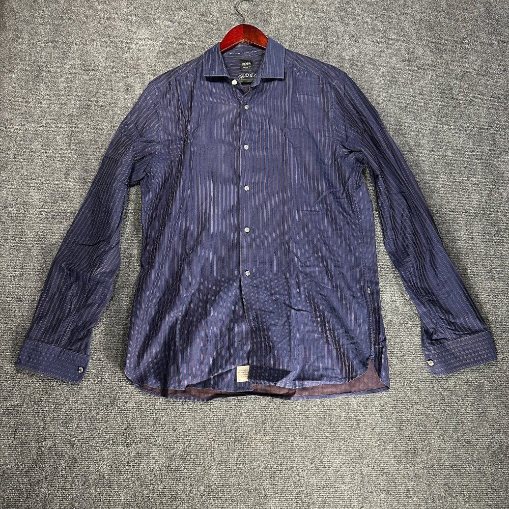 Hugo Boss Shirt Mens Medium Blue Stripe Cotton Button Up Long Sleeve